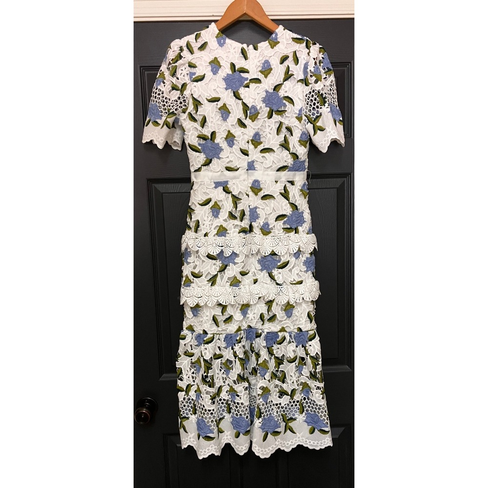 Just Me White Blue Floral Guipure Lace Tiered Midi Dress Womens Small Cottagec - Picture 2 of 12